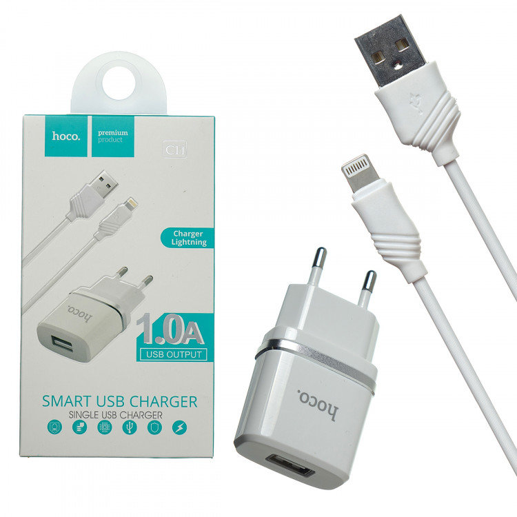 Сетевое зарядное устройство Hoco C11, с Lighting-кабелем для Apple iPhone \ iPad, 1А, белое