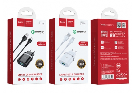 Сетевое зарядное устройство Hoco C12Q Smart QC3.0 c Type-C кабелем, белое фото 1