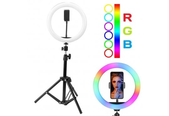 Селфи лампа (светодиодное кольцо) HelisTags RGB LED WH26 (со штативом и пультом), цветное фото 1