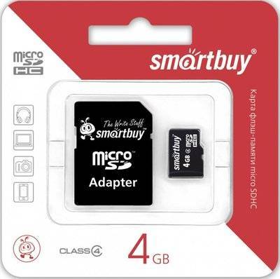 Карта памяти MicroSD (HC), 4GB SmartBuy, Class 10 (с адаптером)