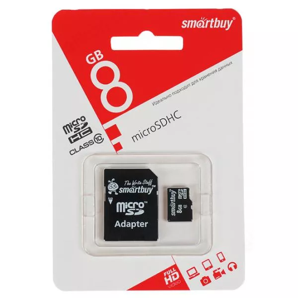 Карта памяти MicroSD (HC), 8GB SmartBuy, Class 10 (с адаптером)